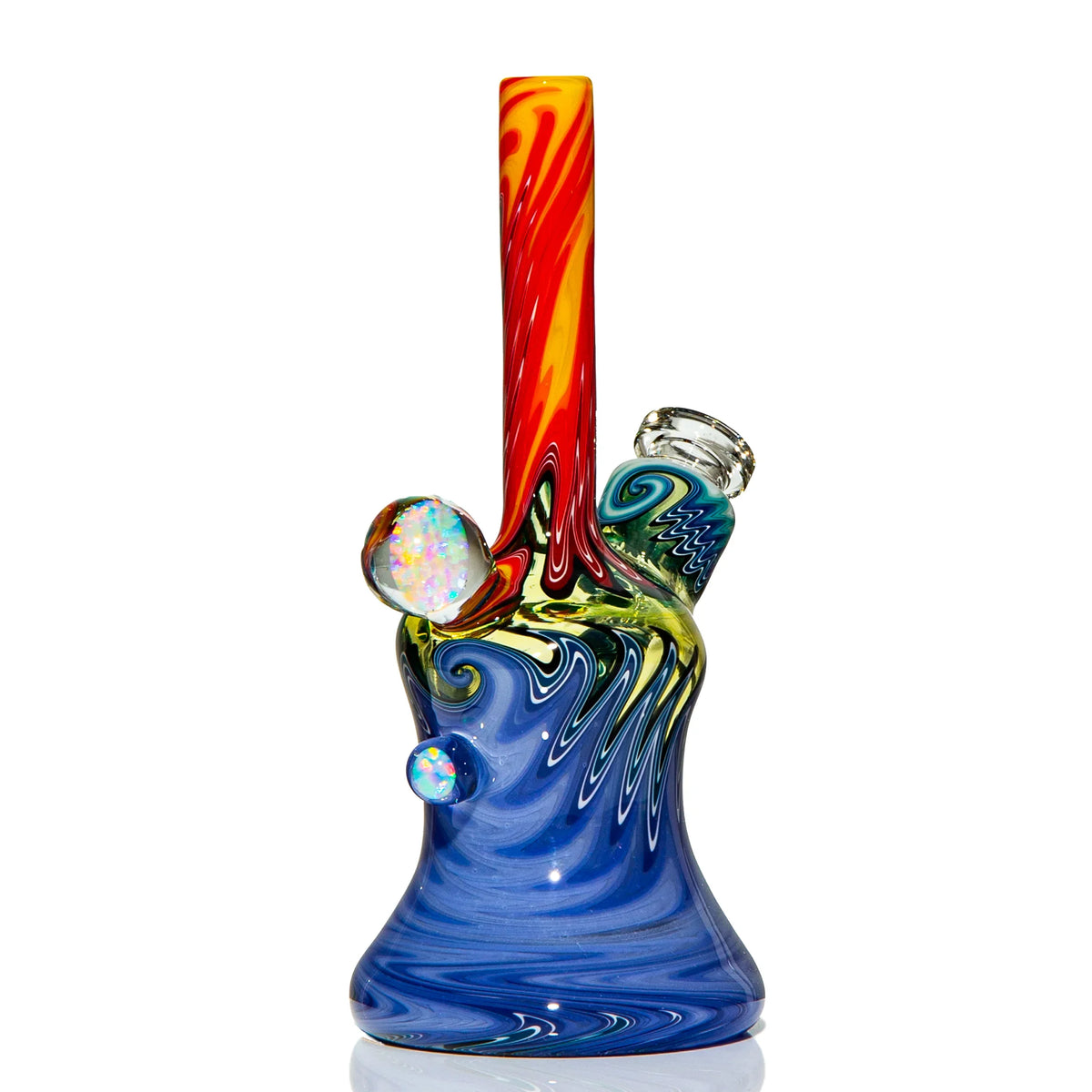 Colorful heady glass water pipe with swirling blue, red, and yellow patterns and opal accents.