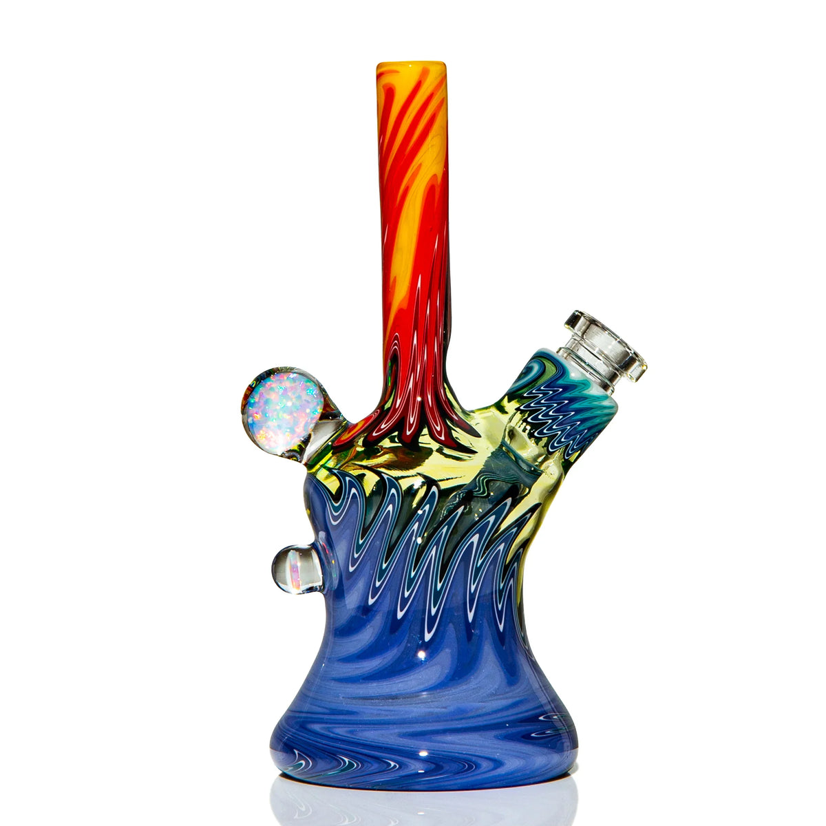 Colorful heady glass water pipe with blue base, red-yellow neck, and opal accent
