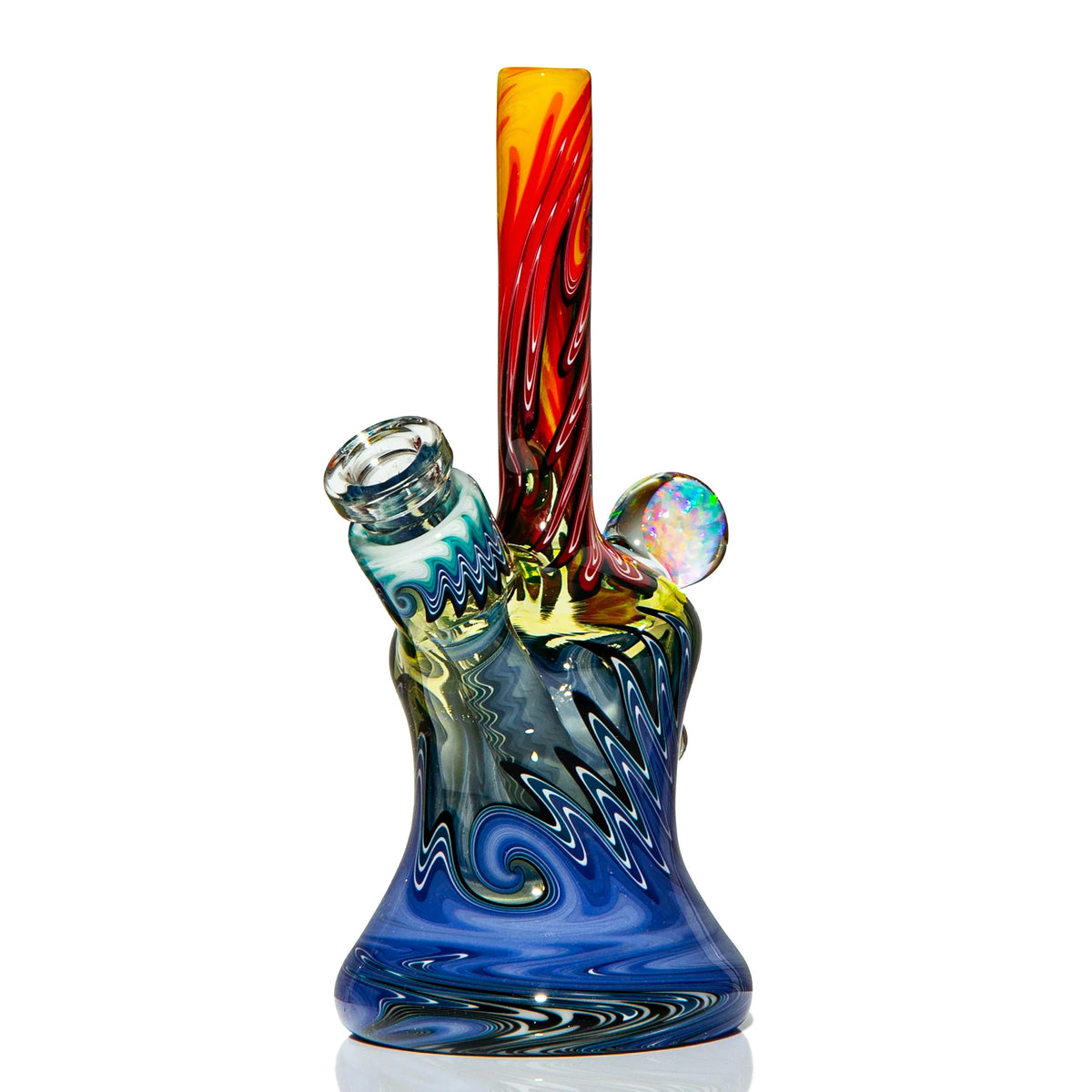 Colorful heady glass water pipe with swirl patterns and opal accent on white background
