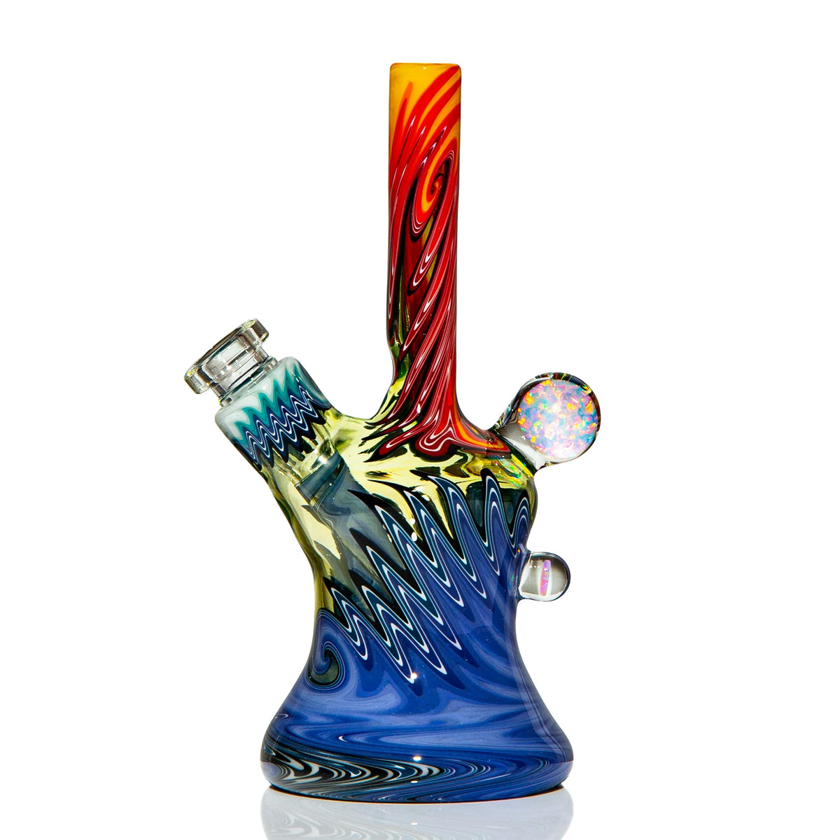 Heady glass water pipe with vibrant red, yellow, and blue swirled patterns on white background