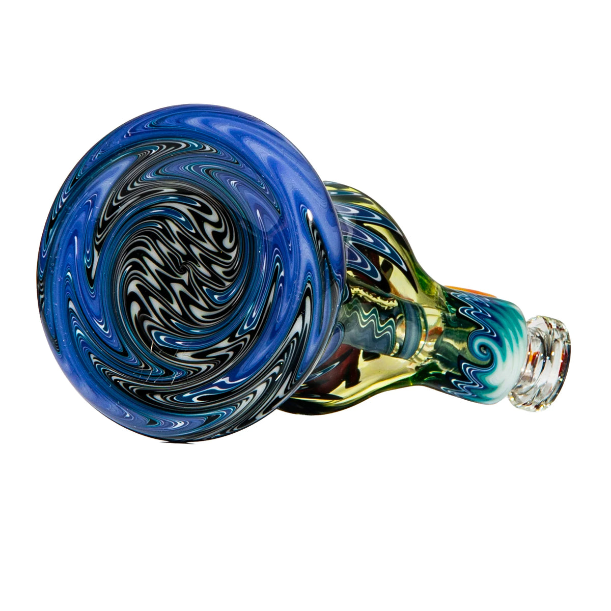 Handblown glass pipe with a vibrant blue, black, and white spiral design, isolated on white