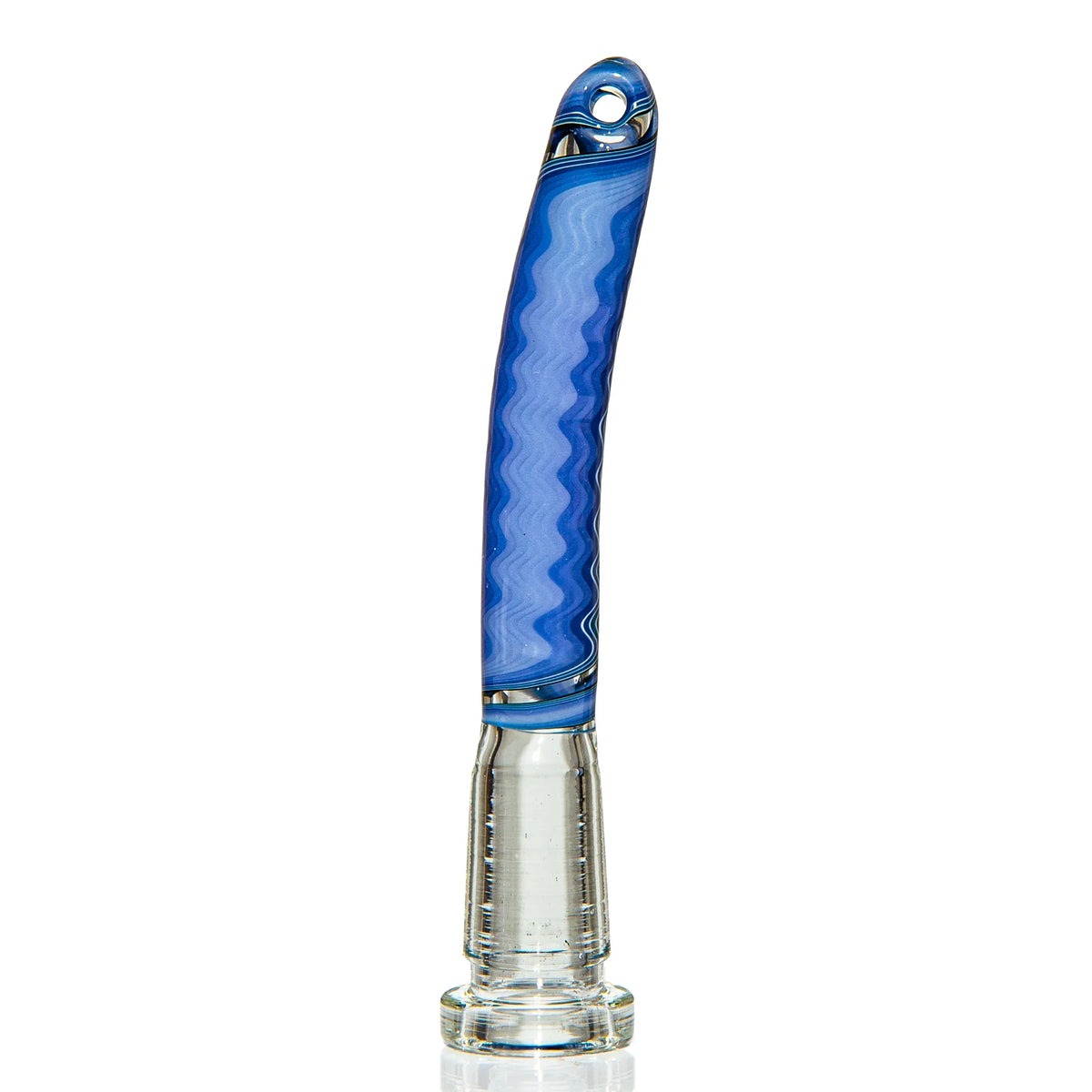 Hand-blown blue glass smoking accessory with wave pattern, standing on clear base