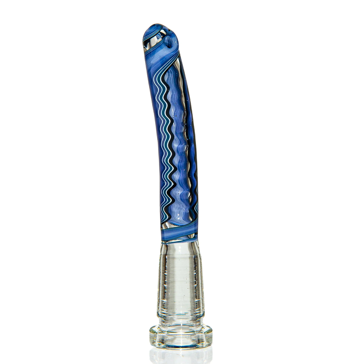 Hand-blown blue glass hand pipe with wavy patterns on white background