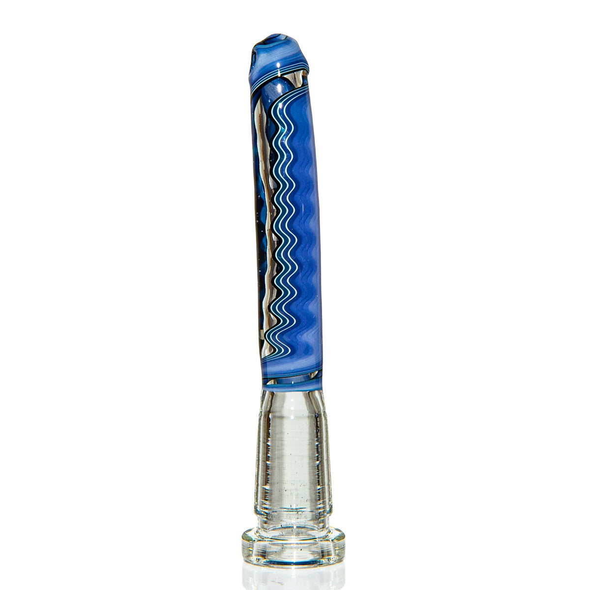 Hand-blown blue glass chillum with wavy white accents on clear glass base