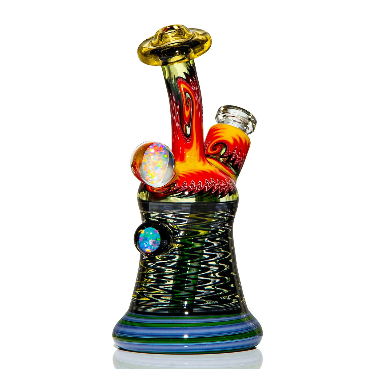 Colorful heady glass water pipe with opal marbles, swirl patterns, and rainbow accents