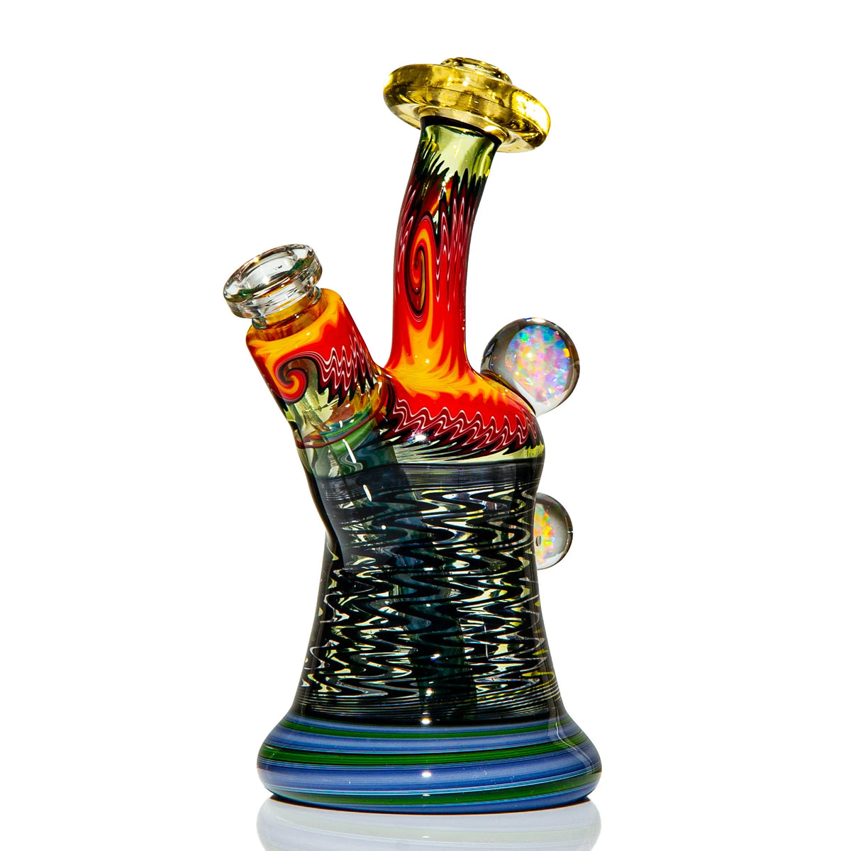 Colorful heady glass water pipe with swirled patterns and opal marble accents
