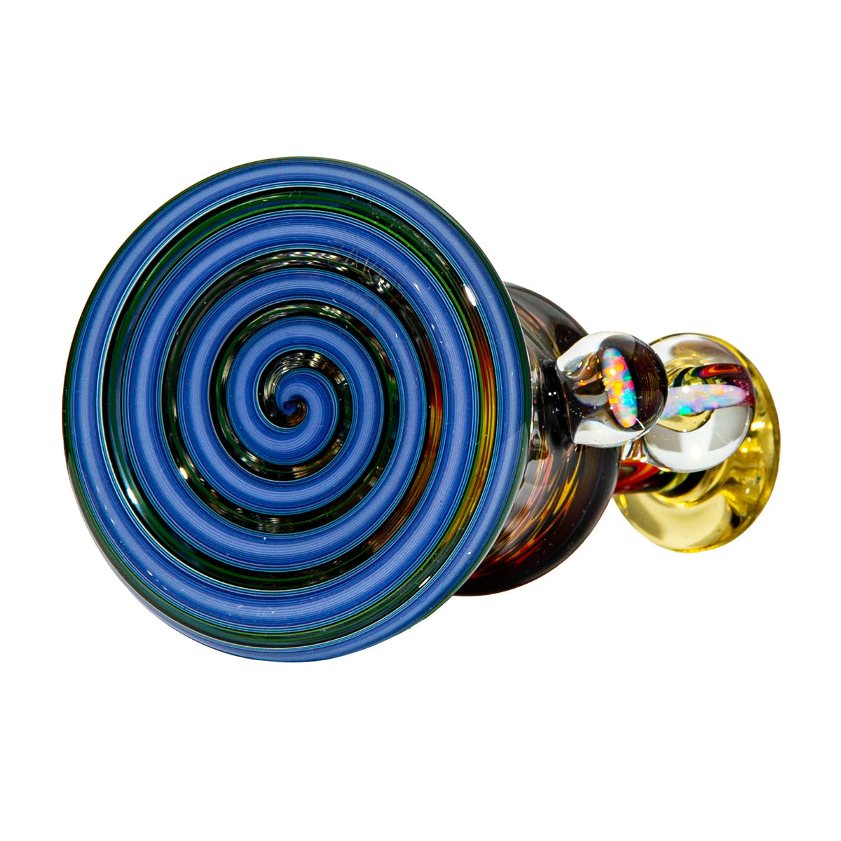 Hand-blown glass pipe with vibrant blue swirl pattern and iridescent accents