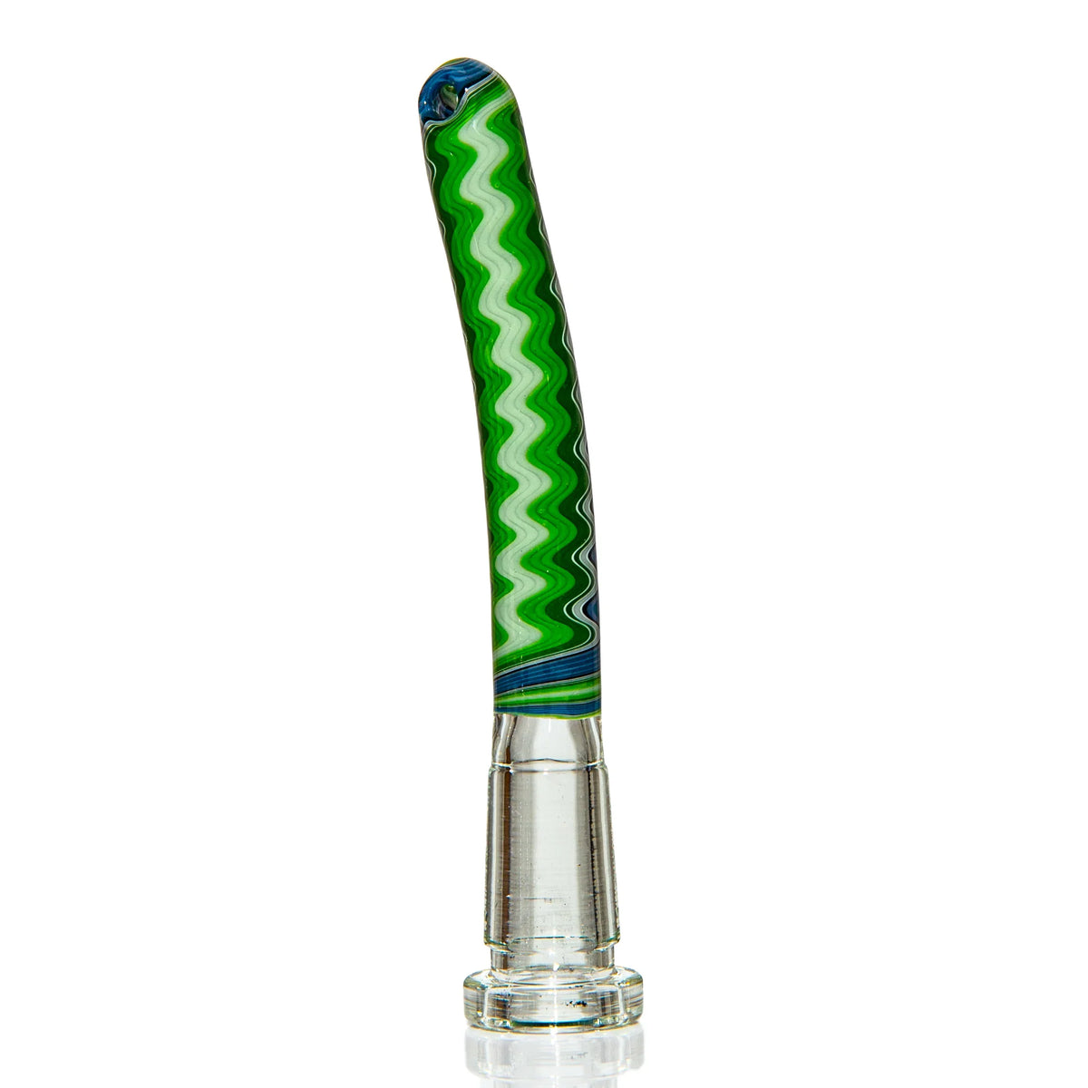 Green and white wavy pattern glass mouthpiece with clear glass base on white background