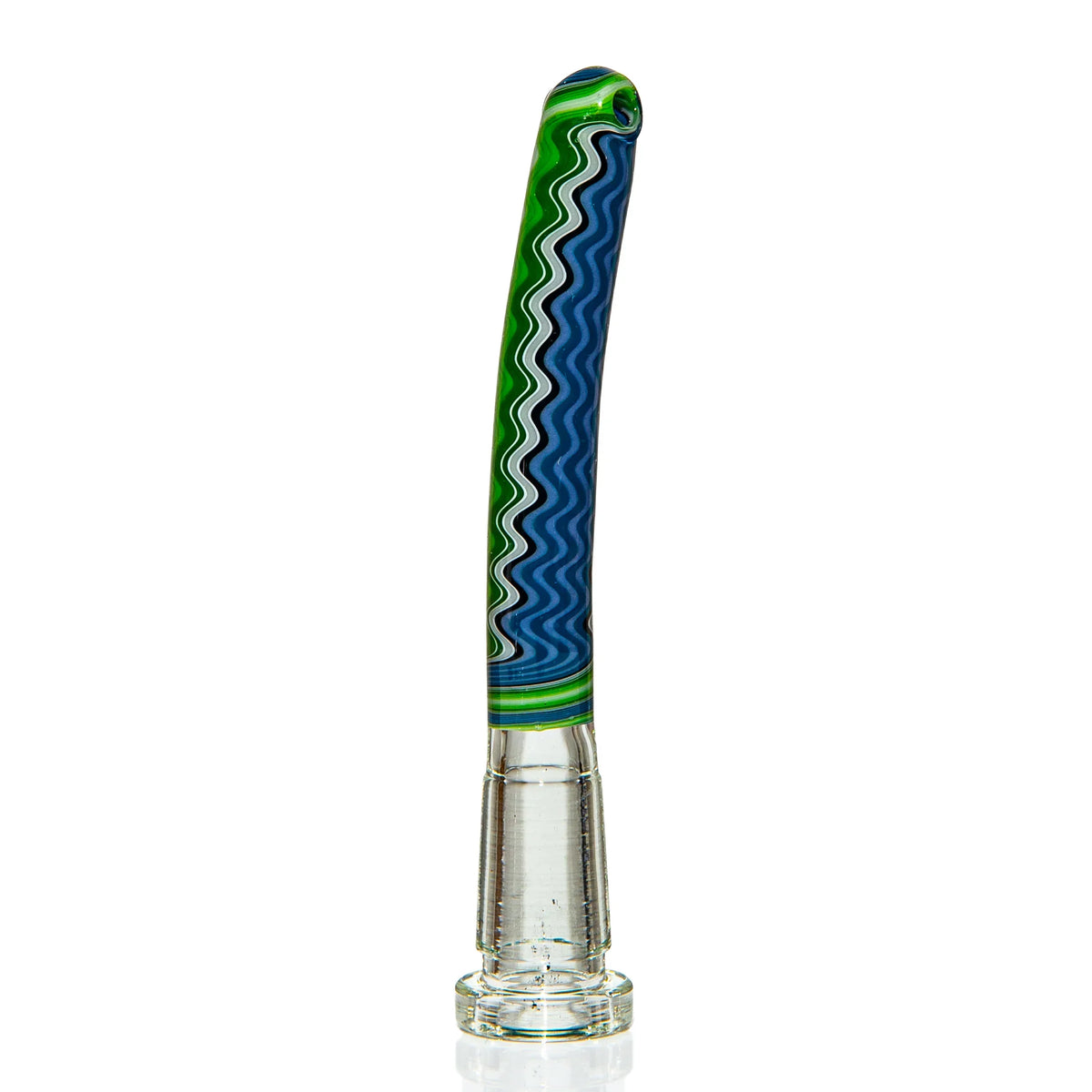 Colorful glass smoking accessory with blue and green wavy pattern on white background