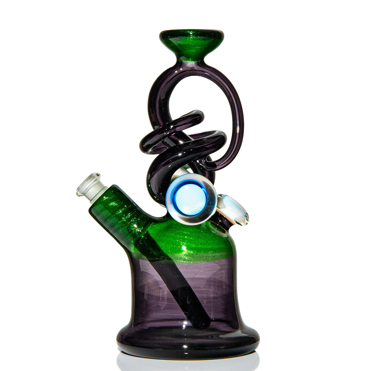 Heady glass water pipe with green and purple swirls and decorative marble accents