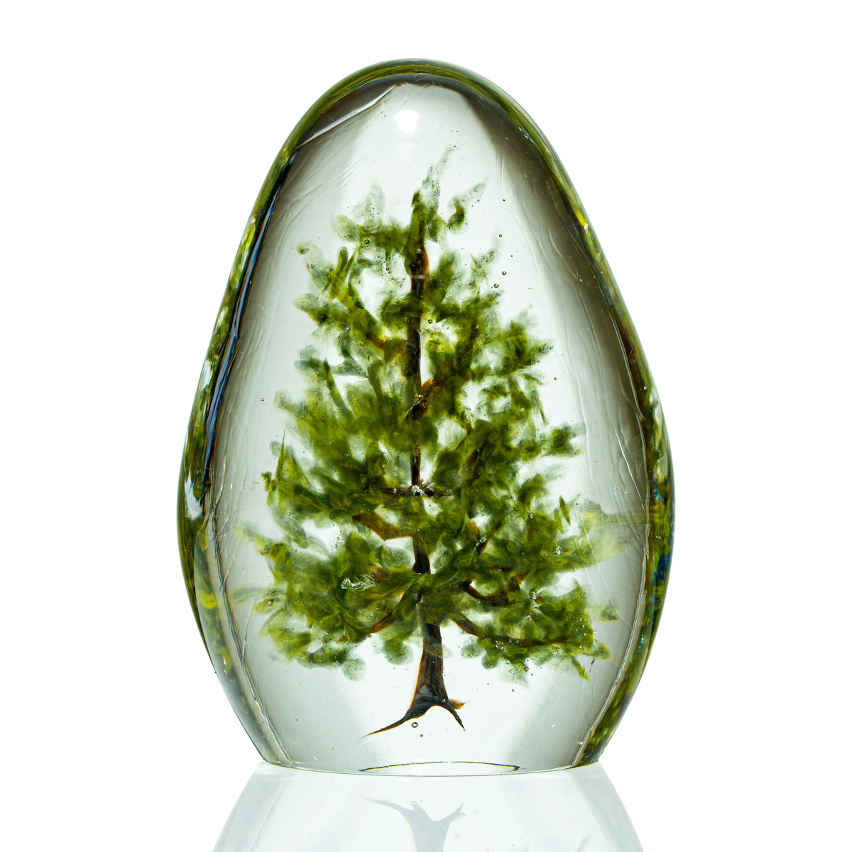 Hand-blown glass art piece featuring a green tree encased in clear glass