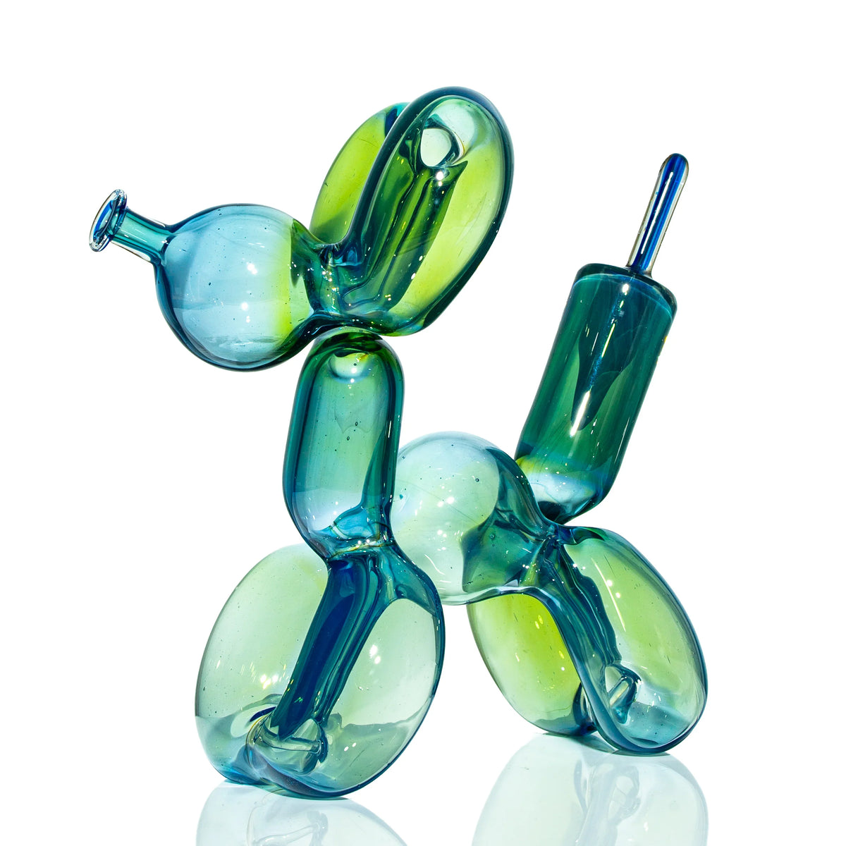 Heady glass balloon dog sculpture water pipe in blue and green on white background