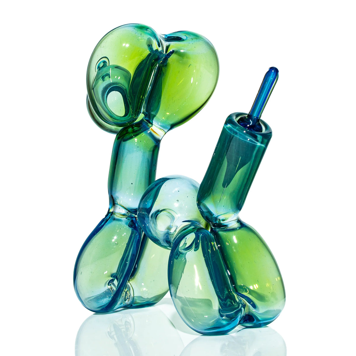 Handblown glass art pipe shaped like a blue-green balloon dog, displayed on white background.