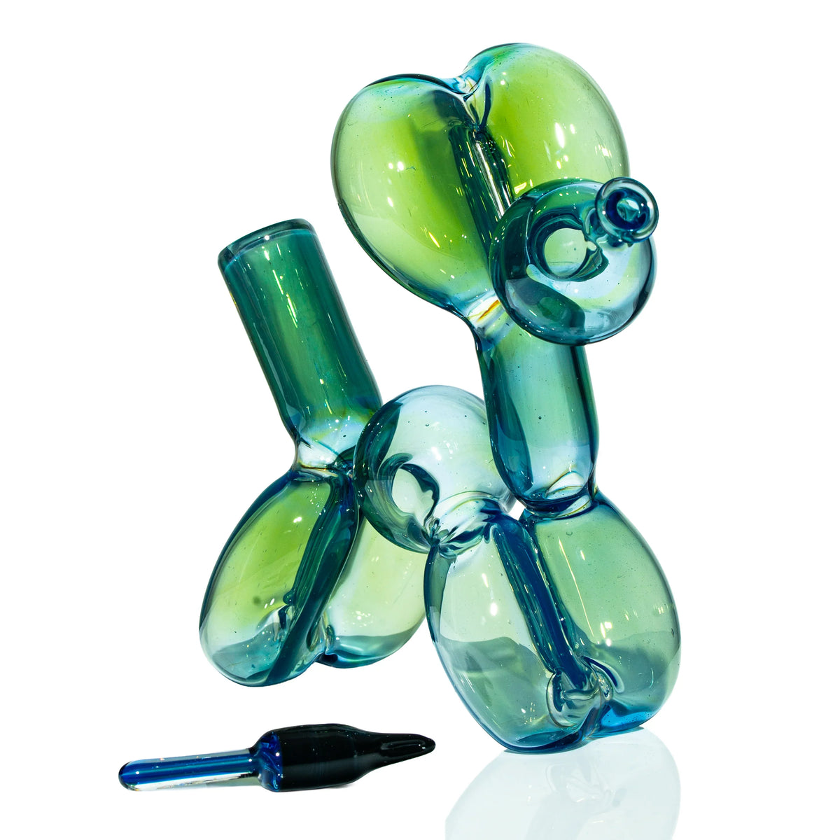 Heady balloon dog glass pipe with matching dab tool on white background