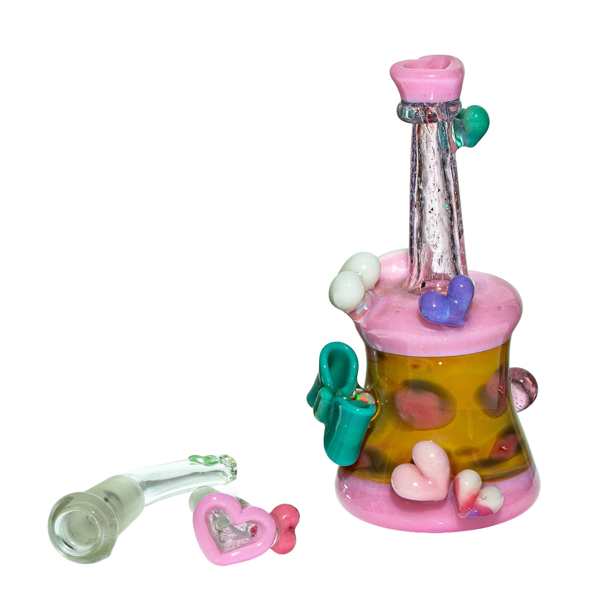 Pink and yellow heart-themed glass water pipe with matching glass bowl on white background