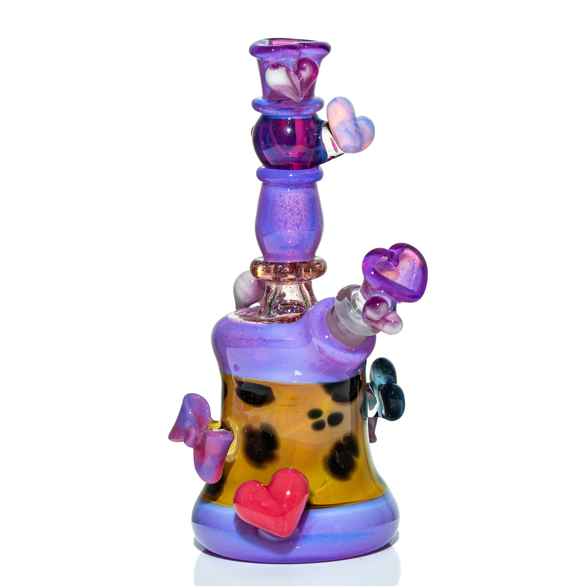 Colorful heart-themed glass water pipe with purple, pink, and yellow accents