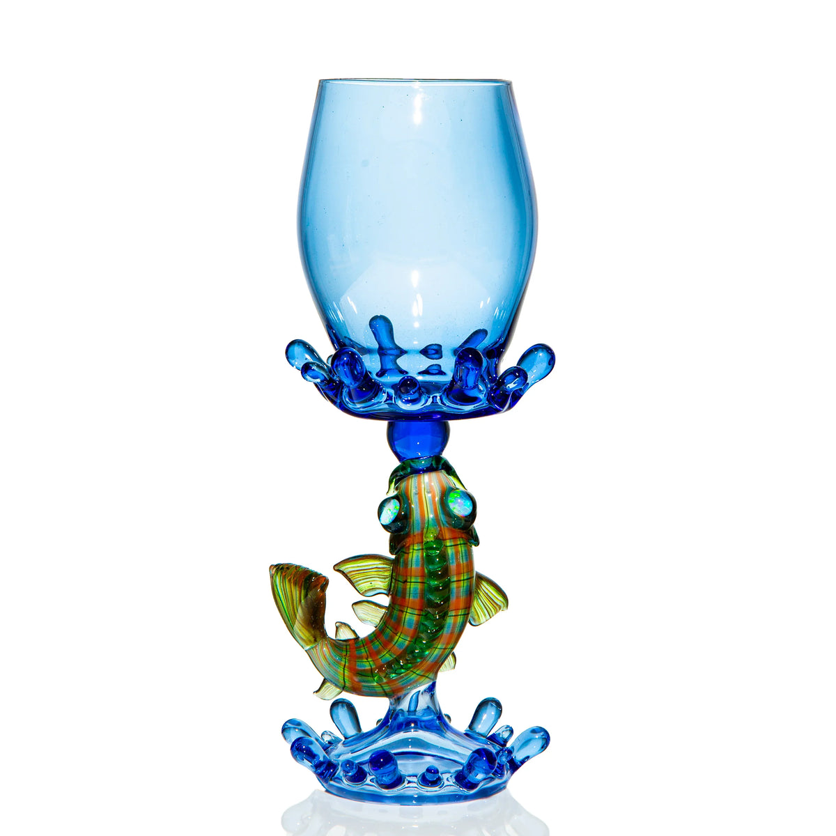 Hand-blown glass goblet with blue bowl and detailed fish and splash stem design