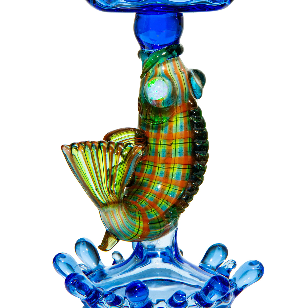 Handcrafted glass art fish sculpture with blue accents, decorative heady glass piece