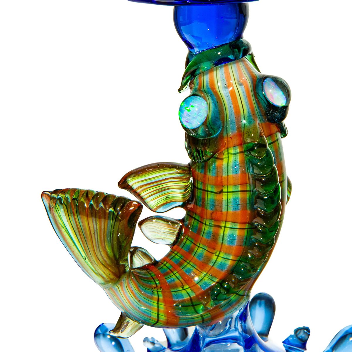 Colorful heady glass fish sculpture with vibrant stripes and detailed fins on white background