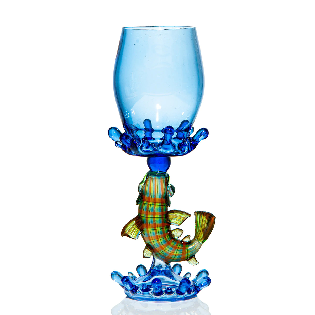 Handcrafted blue glass goblet with splash accents and a colorful glass fish stem