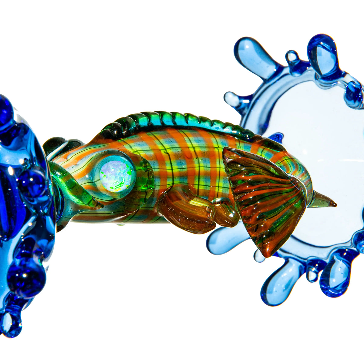 Artistic glass fish pipe with vibrant colors and blue glass splash details