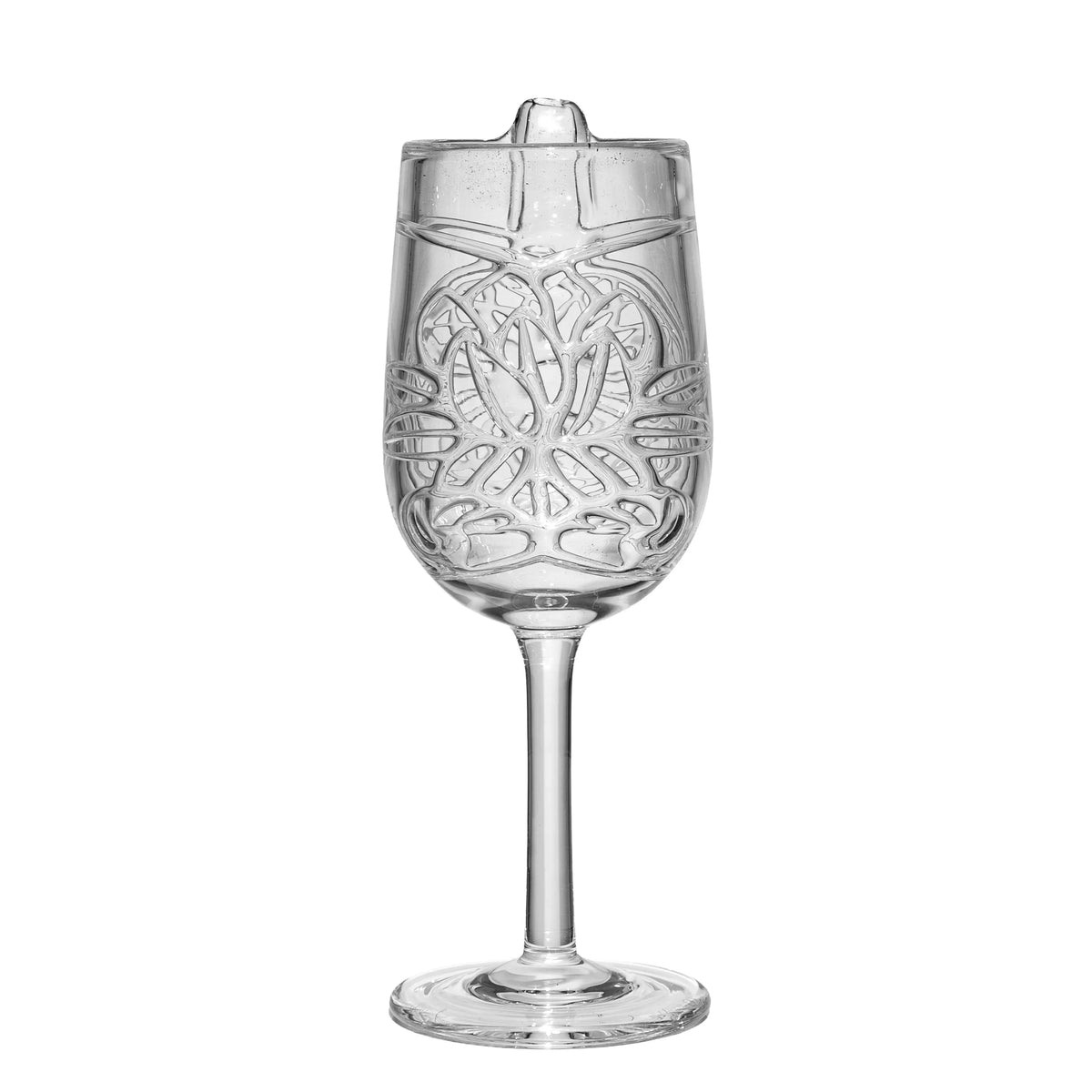 Clear glass goblet with intricate art-inspired pattern, tall stem, and unique mouthpiece top
