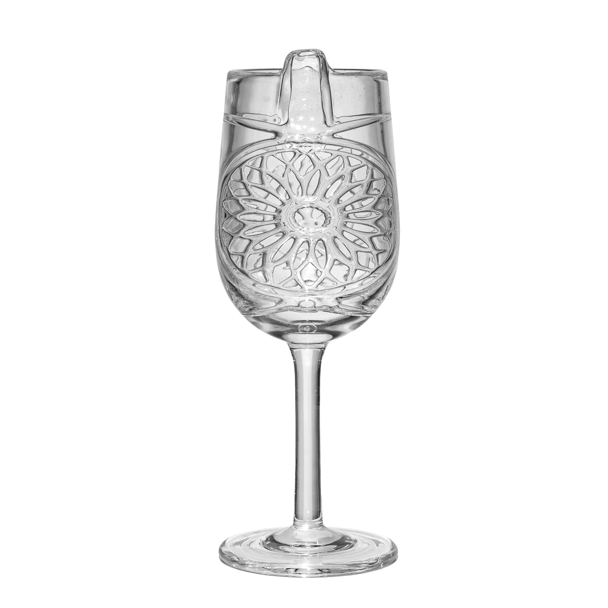 Clear glass water pipe with intricate geometric flower pattern on bowl, isolated on white