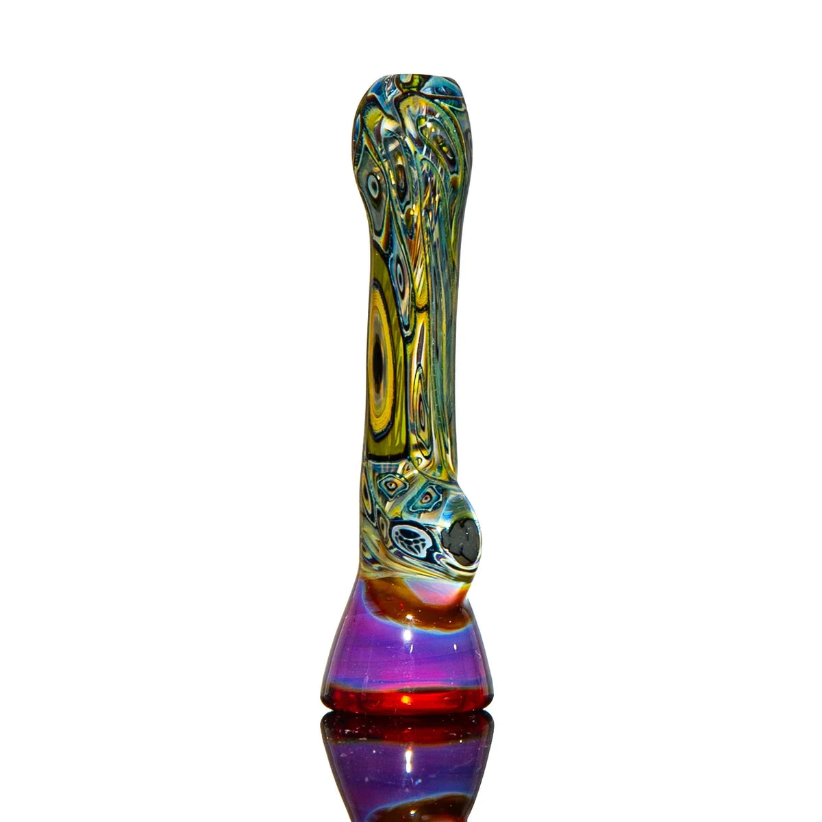 Colorful heady glass hand pipe with intricate patterns and a vibrant red-purple base