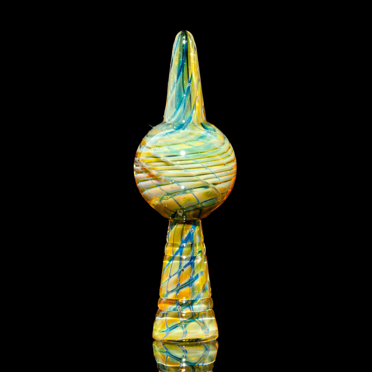 Hand-blown glass carb cap with colorful swirls on black background
