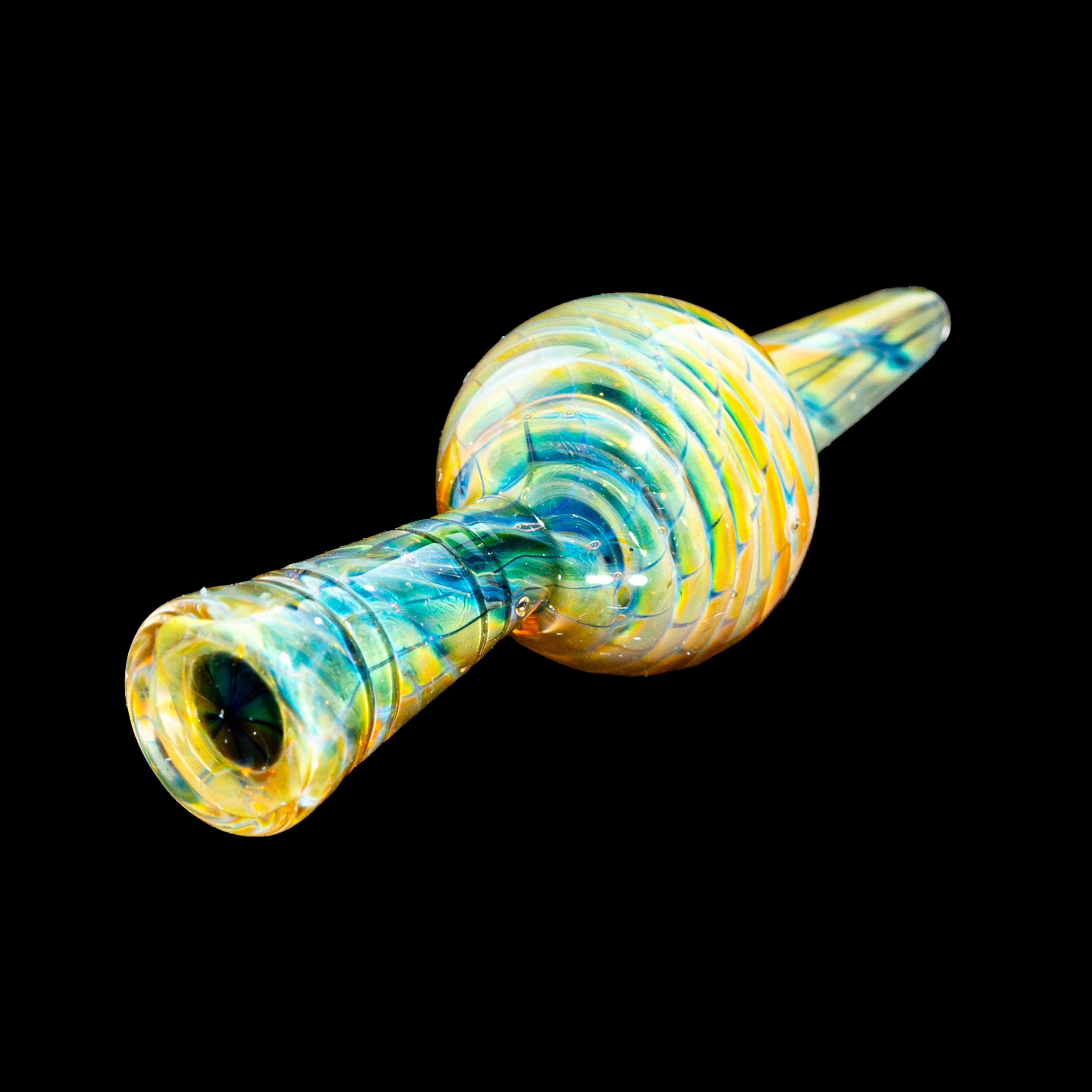 Colorful handcrafted glass smoking pipe with swirled blue, yellow, and green patterns