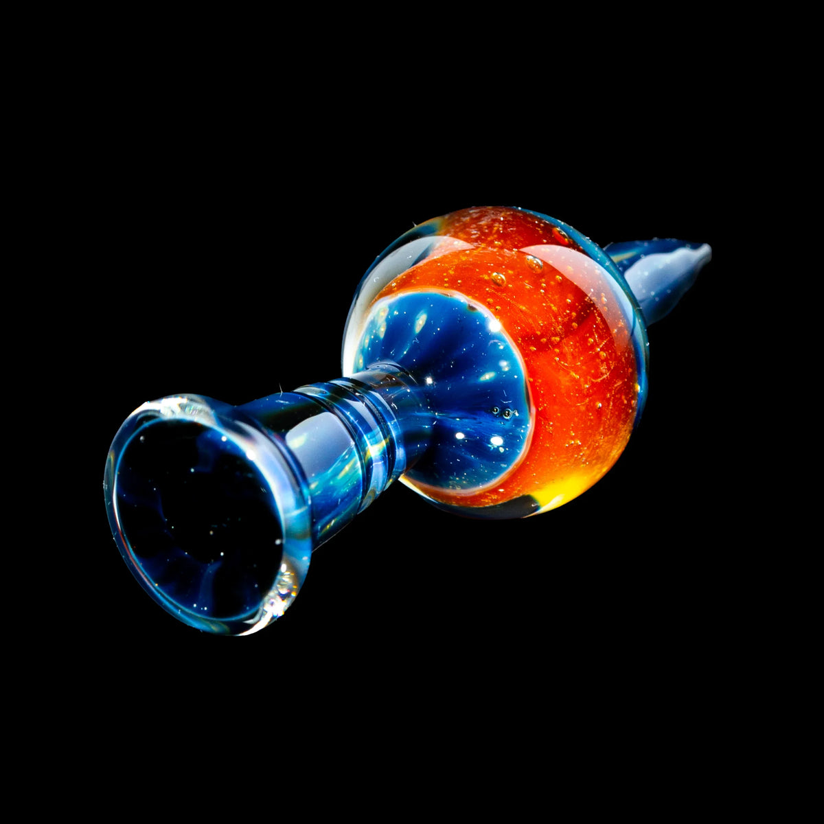 Colorful heady glass dabber with swirling blue and orange design on black background