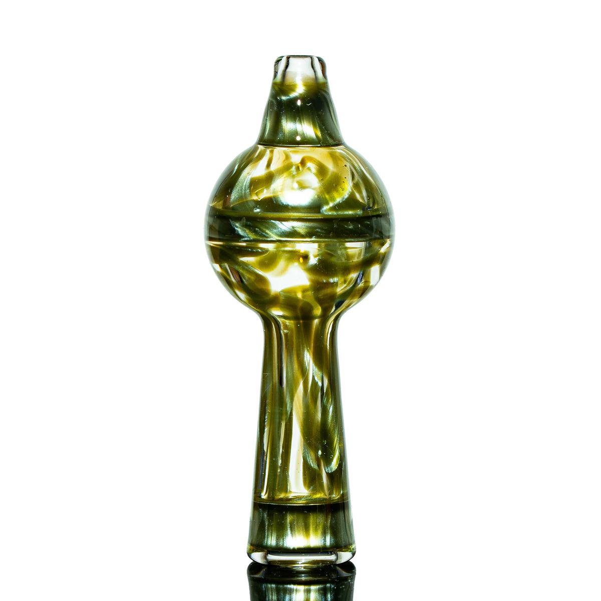 Gold and green glass carb cap with swirled design for dab rigs on white background.