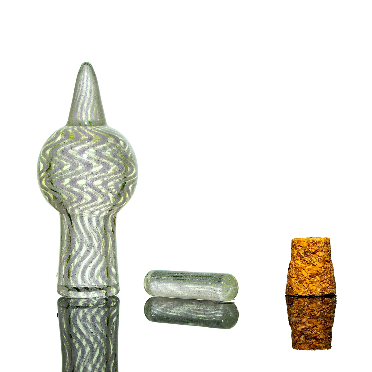 Hand-blown glass smoking accessory with swirl pattern, small glass piece, and cork stopper