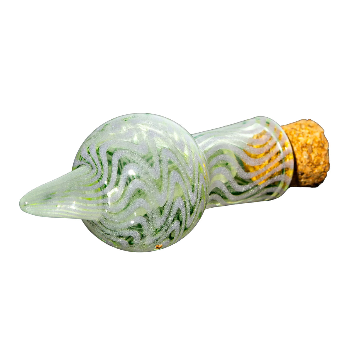 Hand-blown glass pipe with green swirl patterns and cork stopper on white background