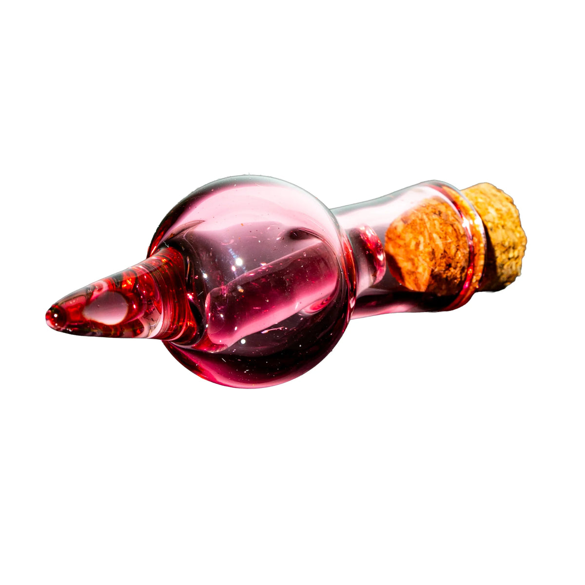 Red glass stash jar with cork lid on white background