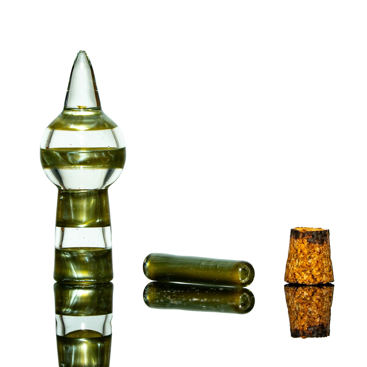 Hand-blown glass chillum with cork and glass pipe on white background