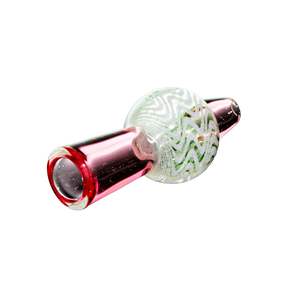 Colorful glass carb cap with green and white swirl design on white background