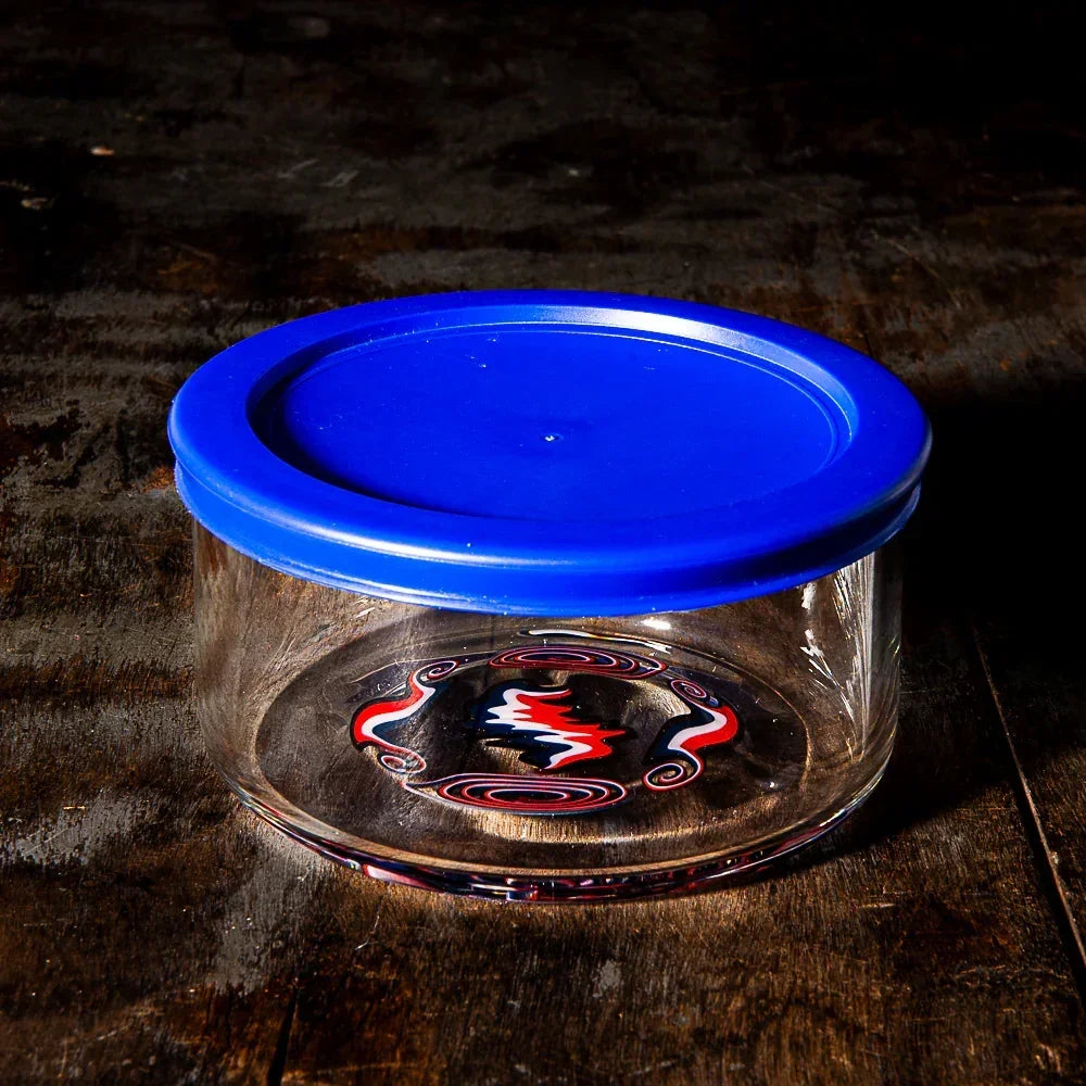 Red, White & Blue hand-blown glass lidded pyrex bowl by Glass Munky