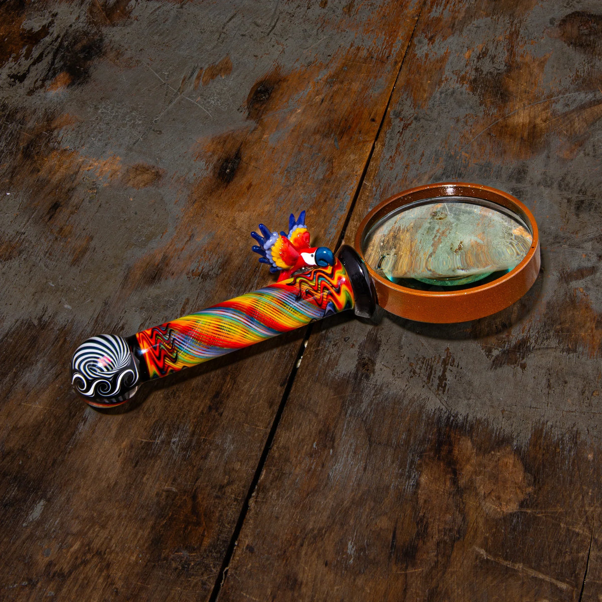 Colorful glass magnifying glass with parrot design on rustic wood table