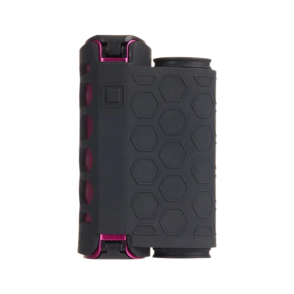 Black and magenta silicone hex-pattern vaporizer case, side view against white background