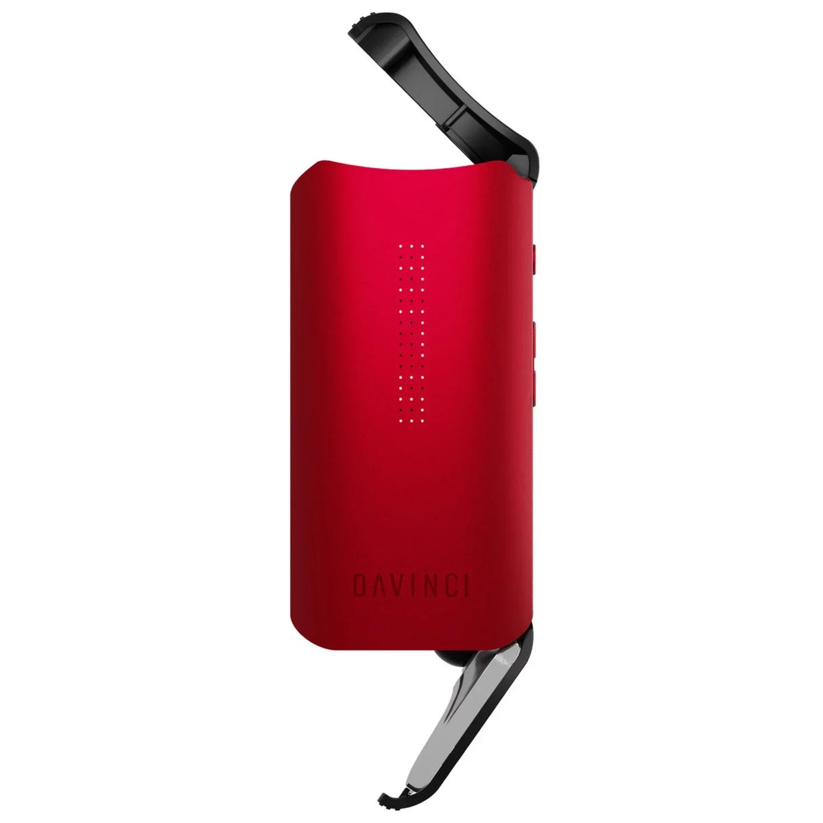 Red DaVinci IQC handheld dry herb vaporizer with open mouthpiece on white background