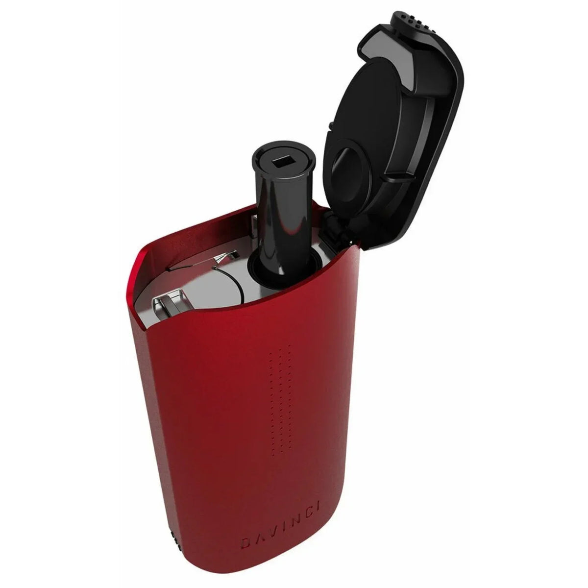 Red DaVinci IQC portable vaporizer with open mouthpiece and sleek design