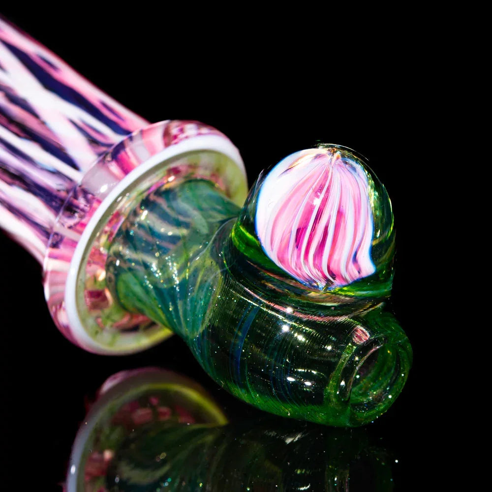 Handblown glass hammer pipe with twisted seashell honeycomb design in green, pink, and white