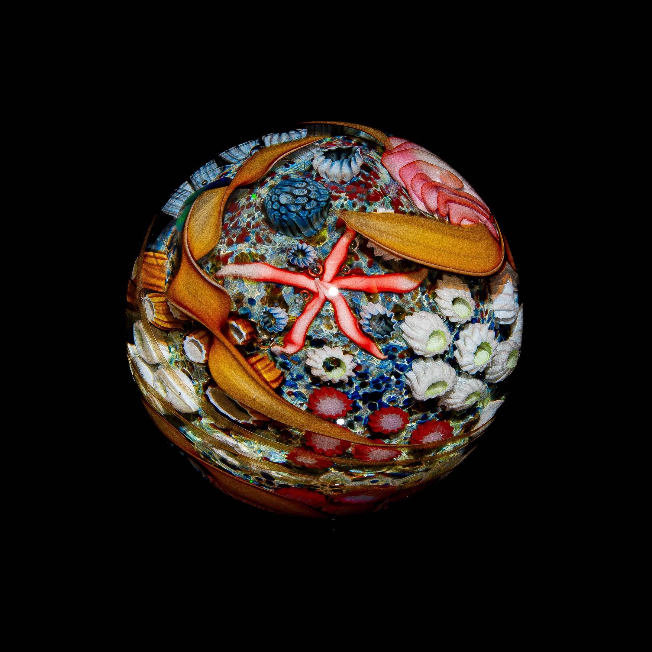 Colorful glass art sphere featuring ocean-inspired tide pool details and starfish design.