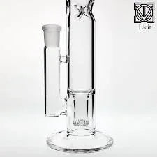 Clear glass water pipe with percolator and side joint, displayed on white background