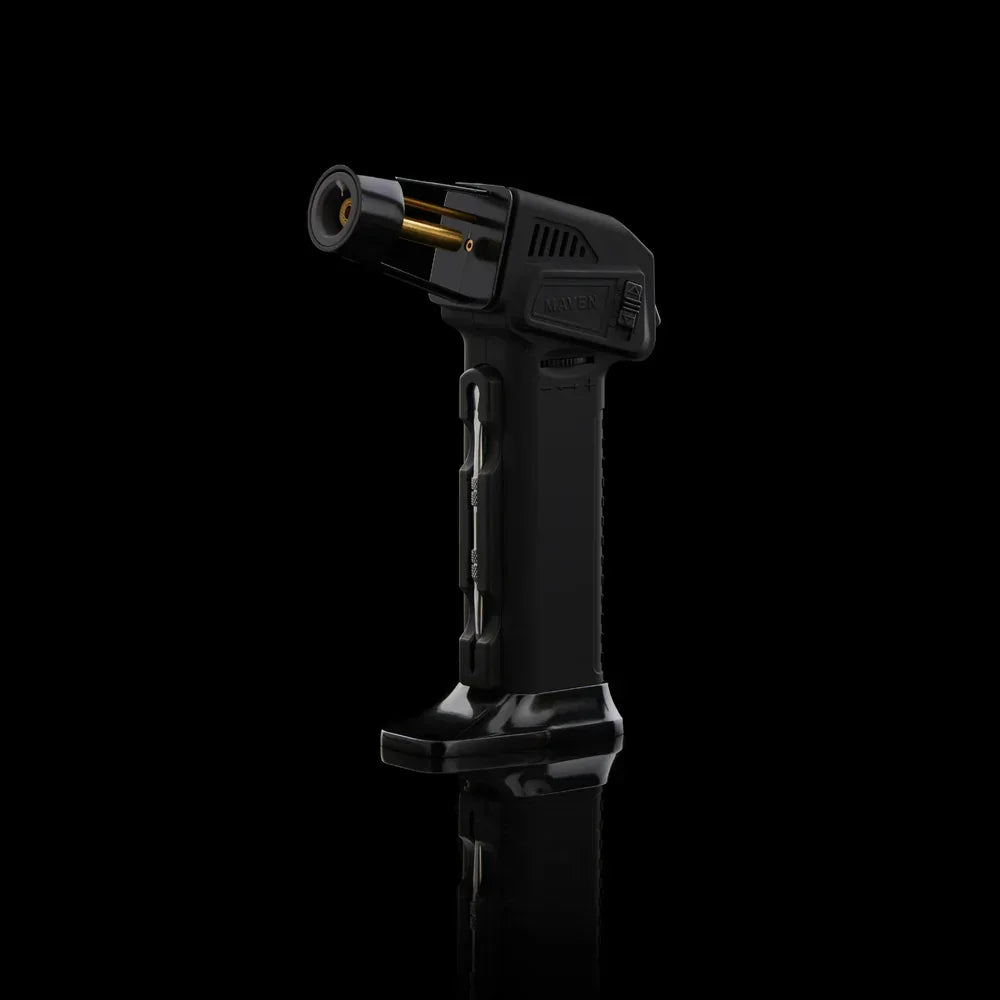 Black handheld torch lighter with gold accents on a black background, for glass and vaporizer use