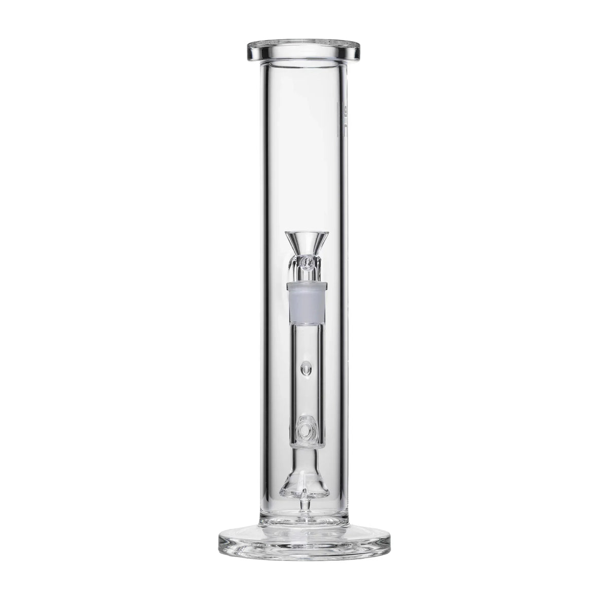 Clear glass straight tube water pipe with diffused downstem and wide base, isolated on white