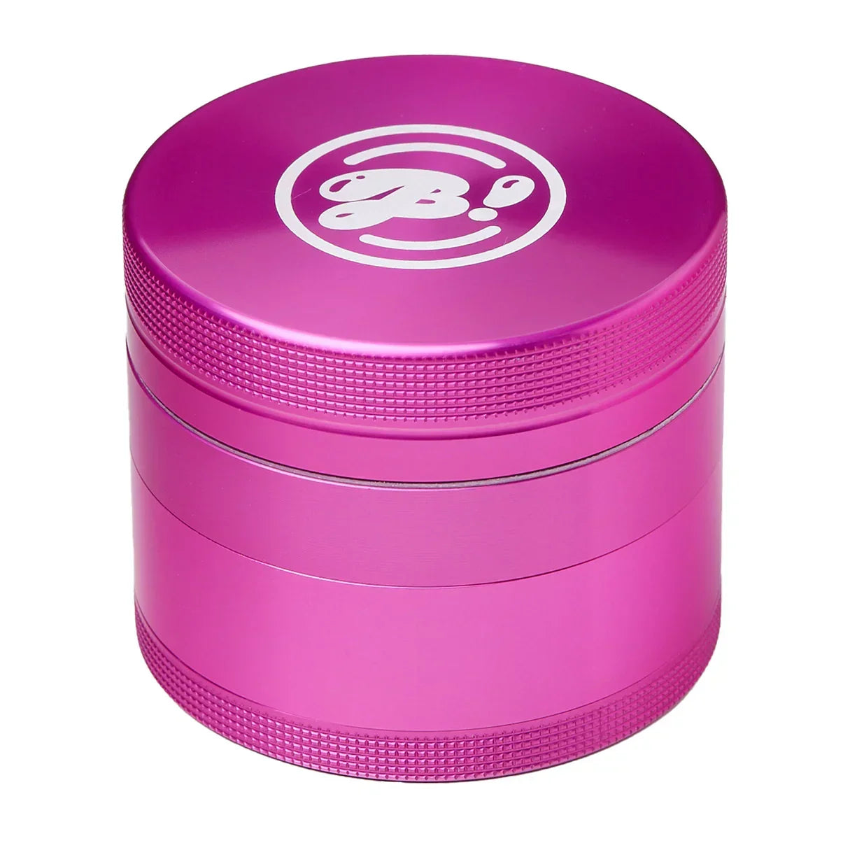 Pink metal herb grinder with textured grip and white logo on lid, smoke shop accessory