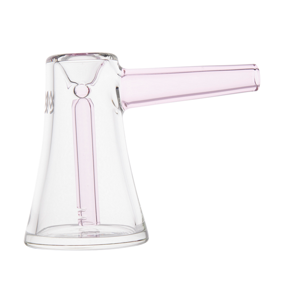 Clear and pink glass hand pipe with a straight stem and flared base on white background