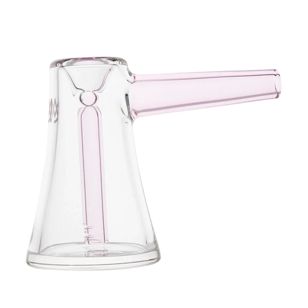Clear and pink glass hand pipe with a straight stem and flared base on white background